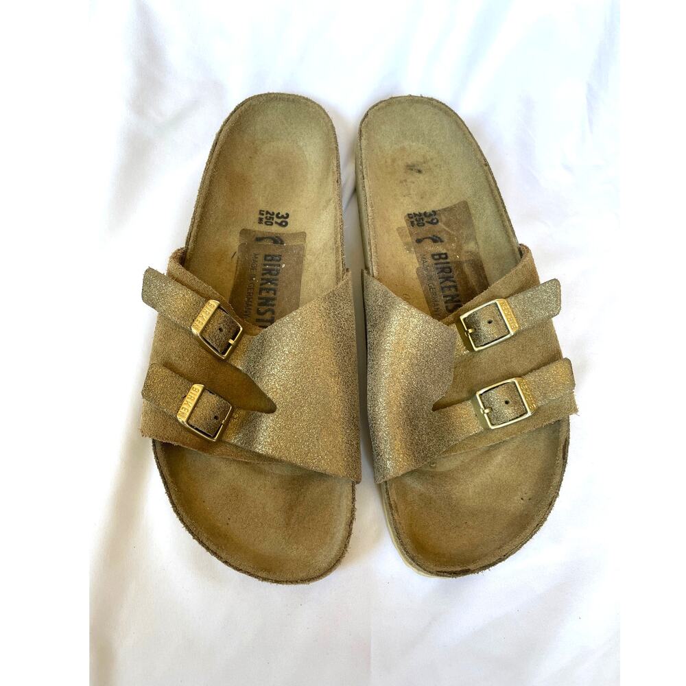 Birkenstock Vaduz Slide Sandal Gold Allover Taupe Tan Suede Leather Buckle 39